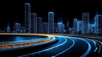 Fototapeta premium Futuristic Cityscape Displaying Illuminated Buildings And Roadways At Night
