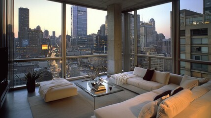 A modern living space with expansive urban city views