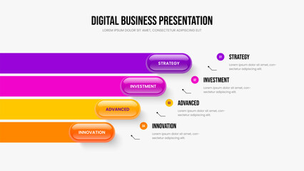 Consulting Innovation 4 Element Diagram Presentation Layout. Creative Review Four Step Infographic Frame Template. Service Overview Slide Design Vector Illustration.
