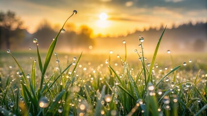 Fototapeta premium Misty grass with dew droplets glistening on its blades, surrounded by a serene natural landscape, evoking feelings of peacefulness and serenity, landscape, botanical