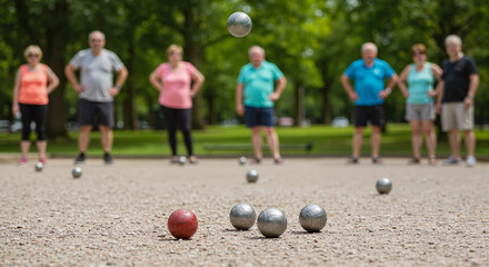 Seniors Playing Petanque in a Park Under Green Trees  