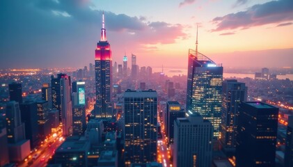 Fototapeta premium Bright, unfocused city skyline, ideal for website or app backgrounds, buildings, road, architecture