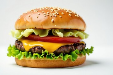 Close-up of greasy burger on white background, greasy food, snack