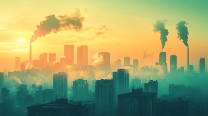 Fototapeta premium Urban pollution in a hazy cityscape with industrial smoke and towering buildings