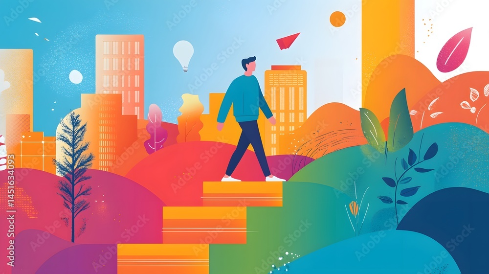 Poster animated-style vector showing new employee walking through five-step wellness zone, colorful path la