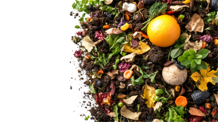 Compost pile with orange peel and herbs rich soil