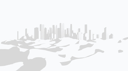 Fototapeta premium The image is a minimalist monochrome rendering, with the cityscape emerging from abstract undulating forms. The palette is entirely white, creating a high-key, almost ethereal atmosphere.