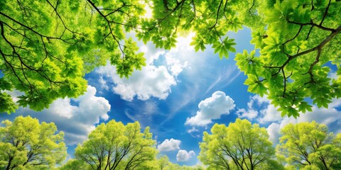 Fototapeta premium Fresh green leaves in a vibrant foliage pattern of spring with a mix of oak and maple trees, set against a soft blue sky with fluffy white clouds , foliage, leaf