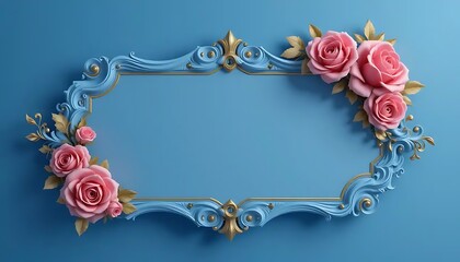 Elegant Blue Ornate Frame Adorned with Pink Roses on a Soft Blue Backdrop