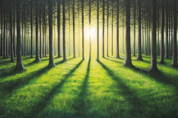 Obraz premium Sunlight streams through a pine forest