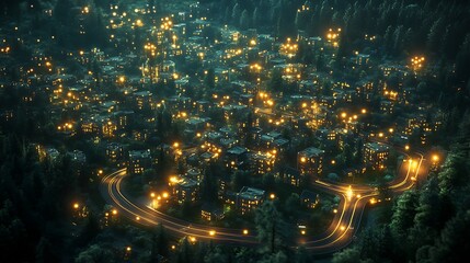 Fototapeta premium Night aerial view of a carbon-neutral city grid lit with dynamic transit patterns, EV traffic flowing smoothly in glowing lanes, AI traffic nodes pulsing in sync.