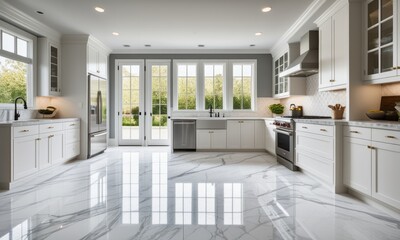 Spacious modern kitchen with white cabinets and marble flooring featuring abundant natural light