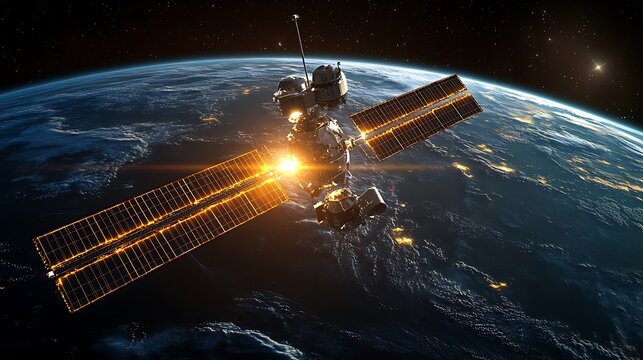 Orbital satellite network surrounding Earth, interconnected by glowing data beams, solar arrays extended, autonomous repair drones maintaining infrastructure in zero gravity.