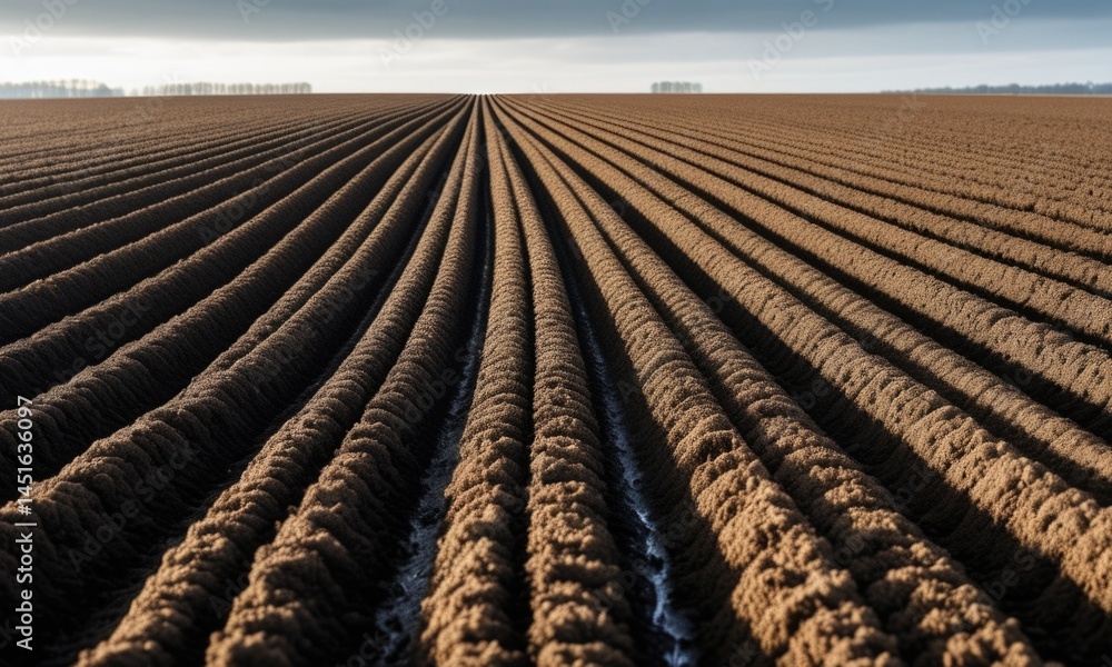 Fototapete symmetrical furrows in plowed field at sunset create mesmerizing patterns