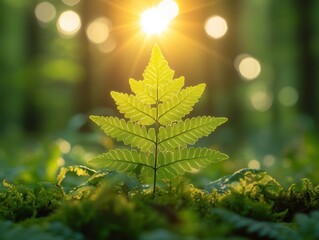 Fototapeta premium A vibrant green fern illuminated by sunlight in a lush forest setting