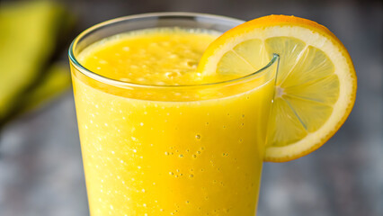 Fresh Fruit Smoothies Fresh fruit smoothies served in glass with slice of lemon create vibrant and refreshing drink experience