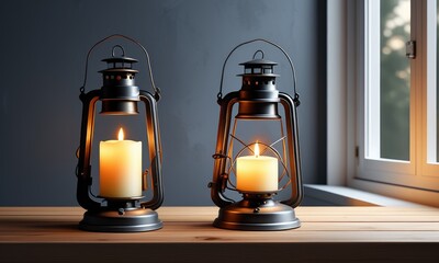 Vintage lanterns and candlelight on wooden table by window in cozy room