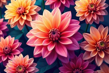 Fototapeta premium Intricate dahlia blooms, vibrant hues, repeating pattern , art, bloom, vibrant