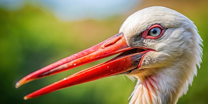 A close-up image of a stork's beak with visible teeth and a scowl on its face, showcasing its aggressive expression , angry stork, animal temperaments