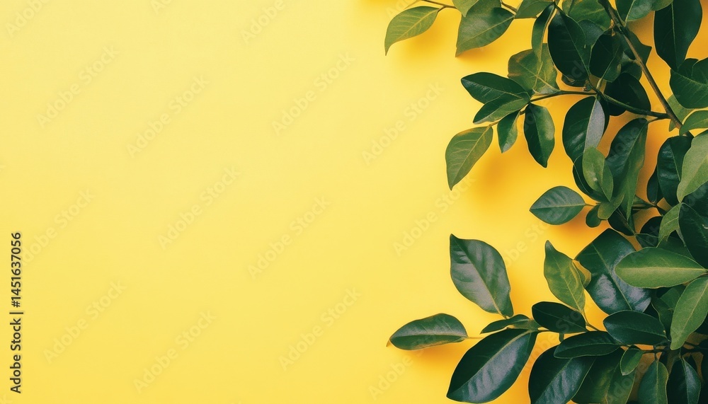 Poster Fresh Green Leaves on Bright Yellow Background Botanical Foliage Textured Pattern with Copy Space for Design and Creative Natural Art Flat Lay Spring Garden Concept