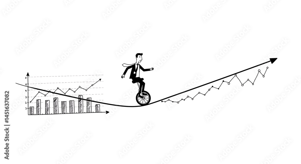 Poster hand-drawn bar graph with rising line graph and diagonal trendline