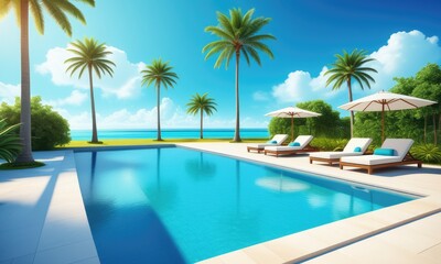 Fototapeta premium Luxurious poolside retreat with palm trees and ocean view under clear blue skies