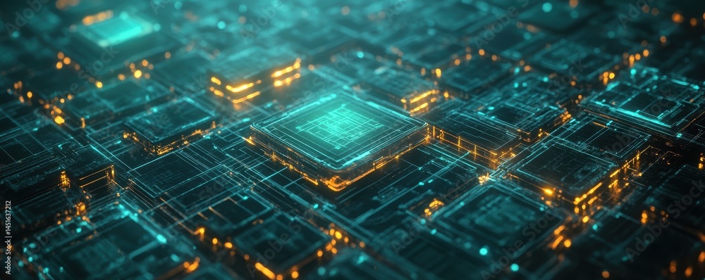 Poster glowing circuit board close up with teal and orange lights highlighting intricate network connection