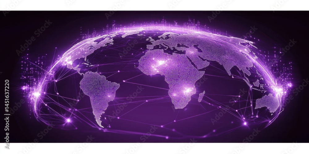 Poster global purple network map with dotted connections shining on dark background depicting international