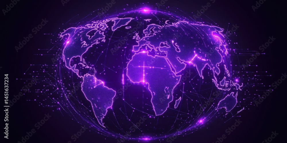 Poster glowing purple world map against black backdrop represents global connections data networks communic