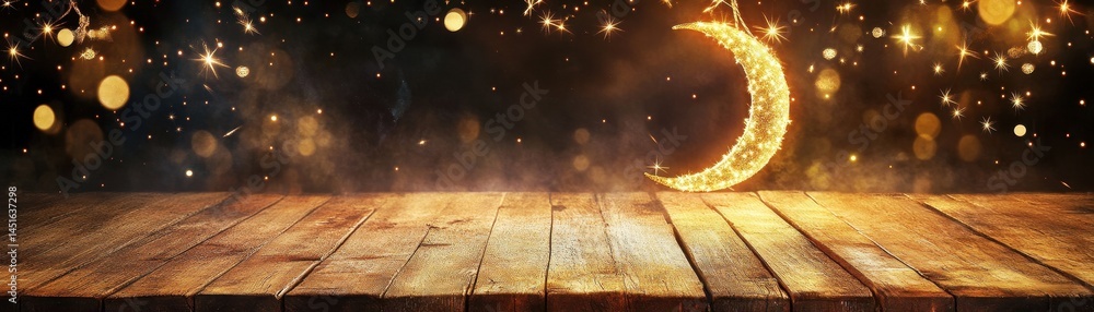 Poster golden crescent moon lights on rustic wooden surface with dark night sky and sparkling bokeh effect 