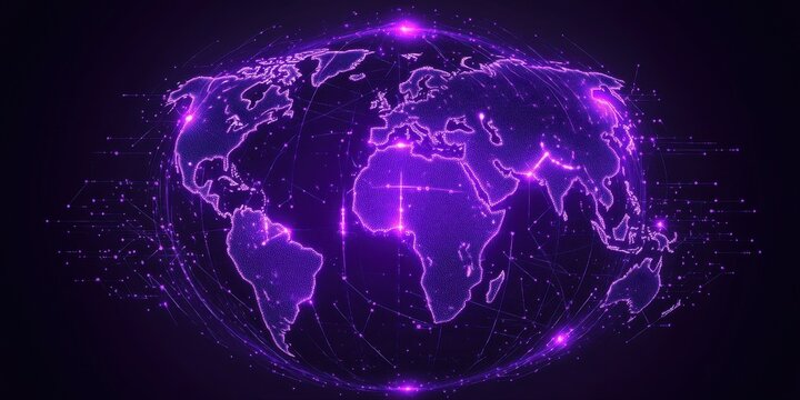 Fototapeta Glowing Purple World Map Against Black Backdrop Represents Global Connections Data Networks Communication and Worldwide Digital Technology Abstract Futuristic Design