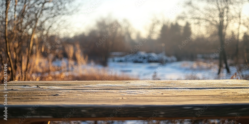 Poster golden sunlight illuminates frost covered wooden surface overlooking snowy winter landscape with tre