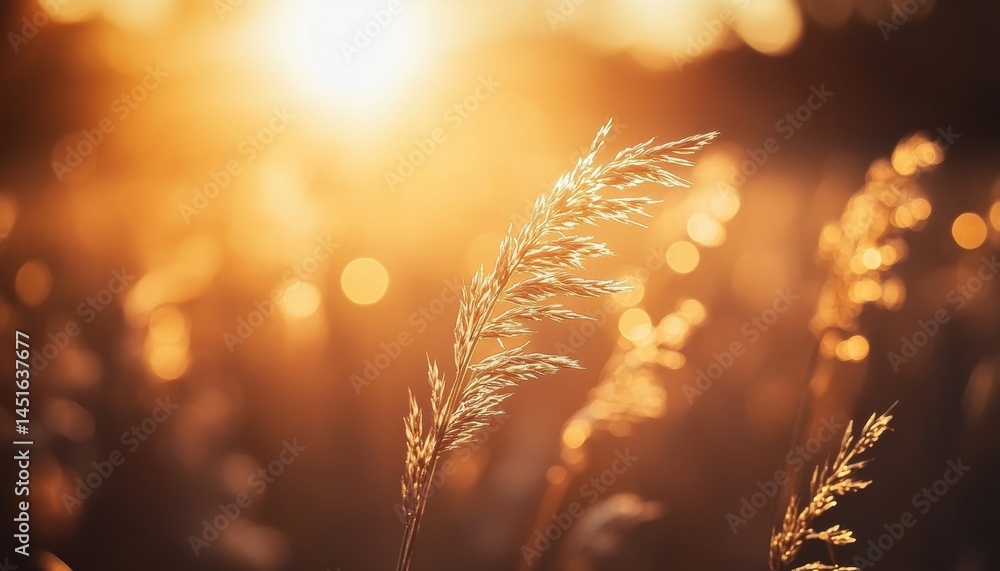 Poster golden wheat field at warm sunset light with blurred background a nature scenery with bokeh and sunf