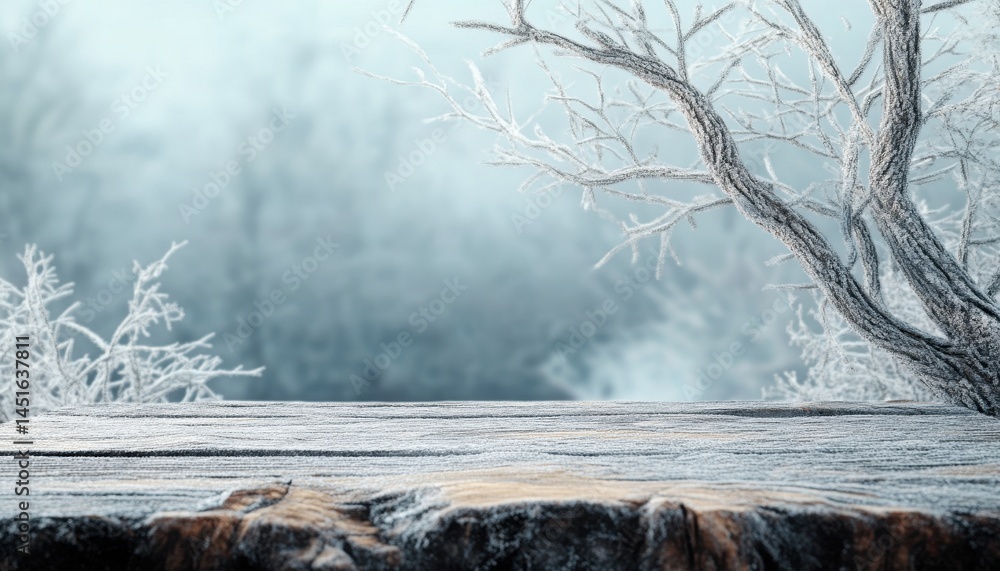 Poster icy branches and wooden surface in a winter forest landscape with frosty trees and overcast sky for 