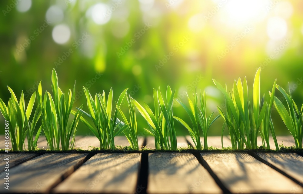 Aufkleber lush green grass blades emerging from wooden planks in warm sunlight creating a fresh springtime sce