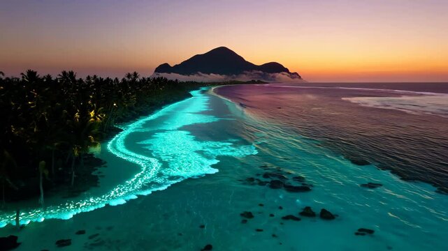 Stunning Sunset Beach Panorama of Bora Bora with Glowing Plankton and Turquoise Waters