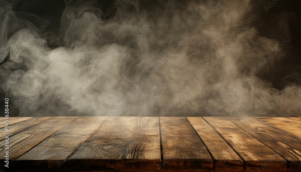 Poster moody brown wooden table with billowing gray smoke in a dark background perfect for product mockups 