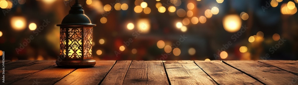 Poster ornate lantern casting warm glow on wooden table against bokeh lit backdrop creates a festive ambian
