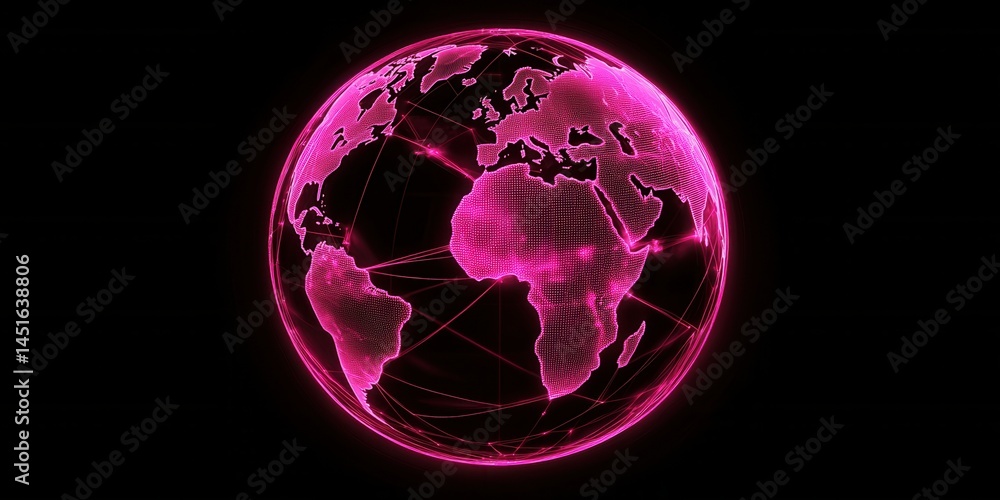 Poster pink digital globe shining brightly against a black background displaying a network of global connec