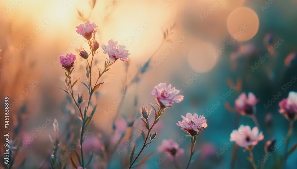 Poster pink flowers in golden hour with soft bokeh background on a sunny day in wild meadow