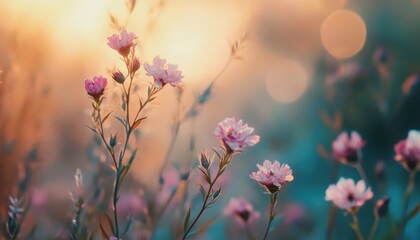 Obraz premium Pink Flowers in Golden Hour with Soft Bokeh Background on a Sunny Day in Wild Meadow