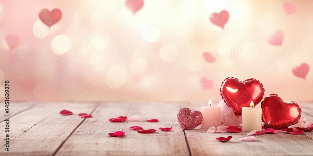 Aufkleber romantic valentine scene with red hearts and glowing candles on a wooden surface with a soft pink bo