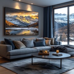 Mountain lake sunset canvas art in modern living room