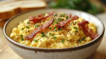 Delicious homemade scrambled eggs with crispy bacon bits garnished with chopped chives served in a ceramic bowl for breakfast or brunch
