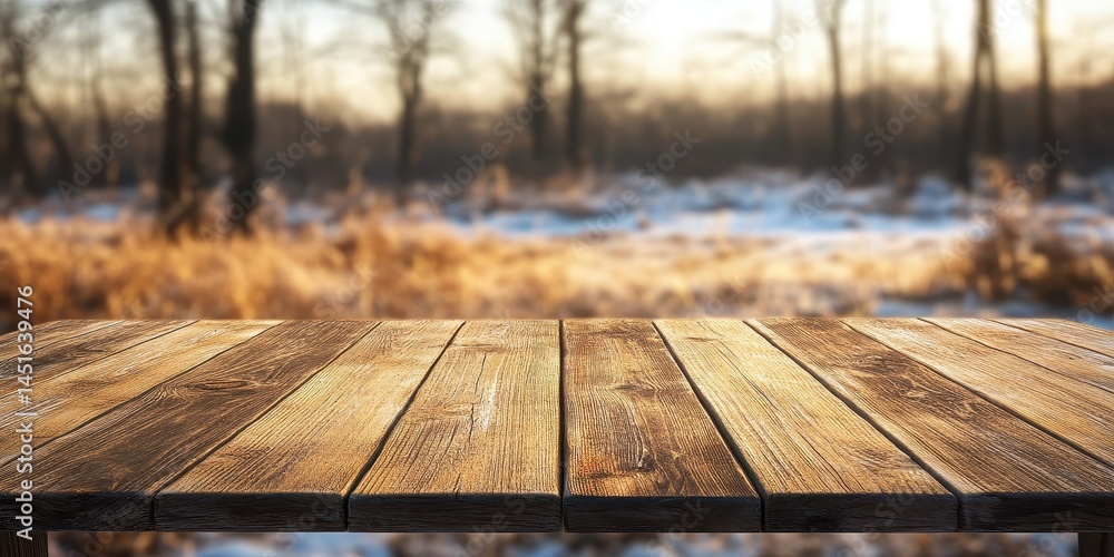 Poster rustic wooden table overlooking a snowy winter forest landscape with golden sunlight and frost in a 