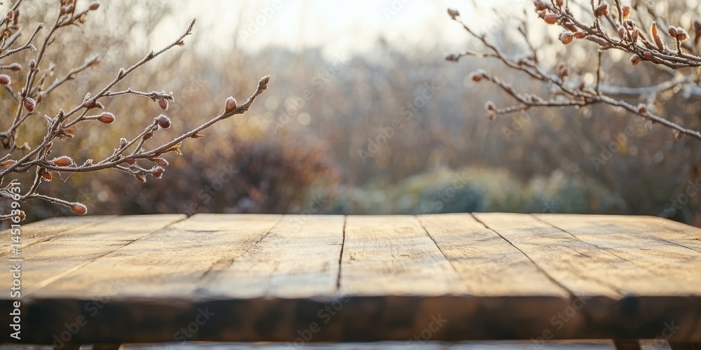 Poster rustic wooden table with frost covered branches in a soft winter light a captivating outdoor scene w