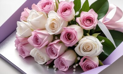 Obraz premium Elegant bouquet of pink and white roses on metallic background with ribbon