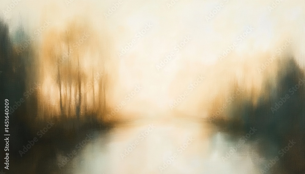 Poster Serene Abstract Landscape with Trees and Water in Muted Earth Tones Featuring a Foggy Atmospheric Effect Smooth Blurry Background
