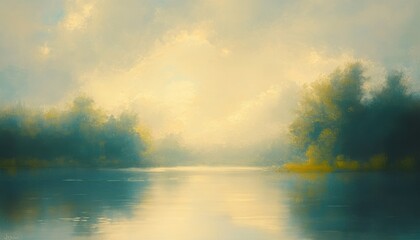 Fototapeta premium Serene Lake Reflecting Trees Under Misted Sunlight with a Painterly Style Showing Calming Blue and Green Water and Golden Light Creating a Beautiful Nature Scene