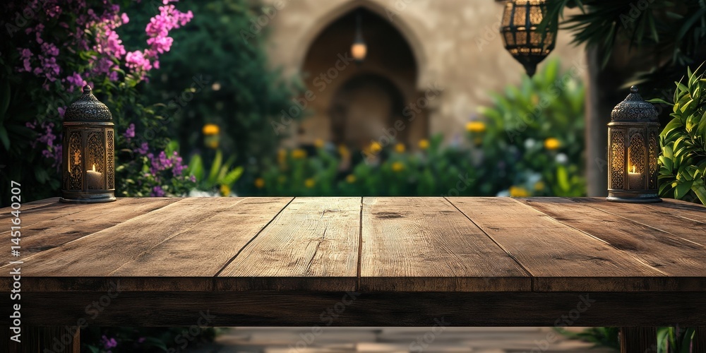 Poster rustic wooden table with ornamental lanterns against a blurred floral and architectural backdrop fea